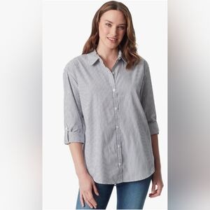 Gloria Vanderbilt "Amanda" Monogram Striped Cotton Button Down Shirt Size Small